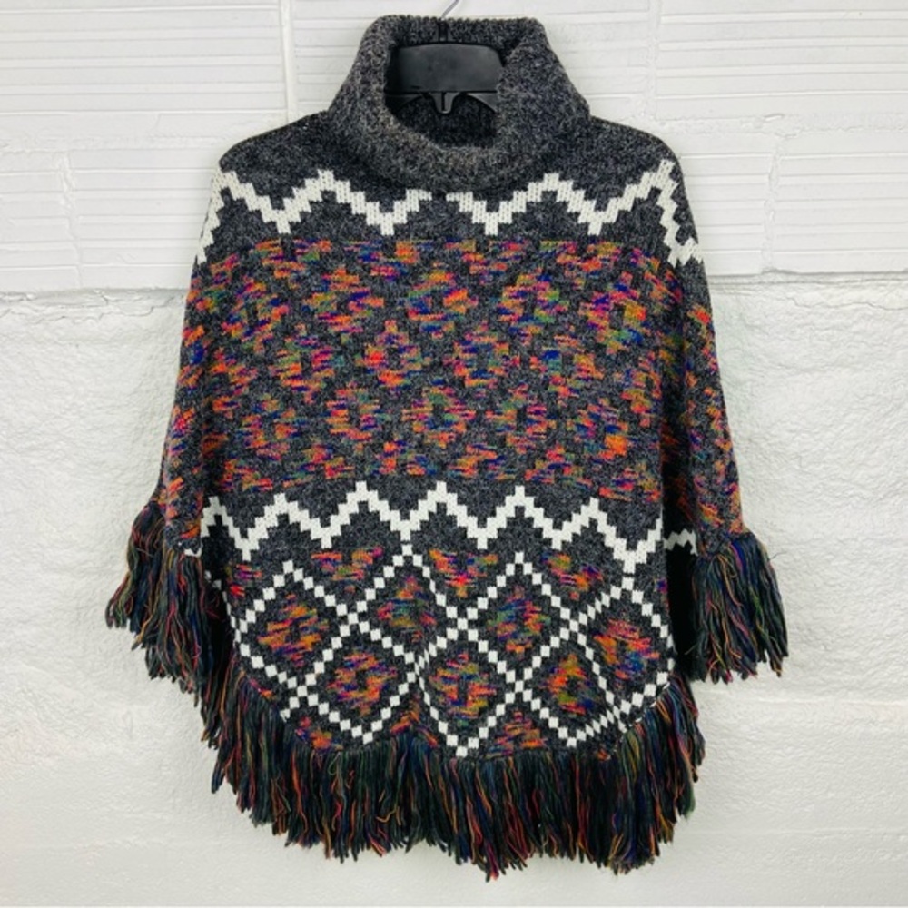 MODENA gray multi colored chunky knit cowl neck fringe poncho size one size
